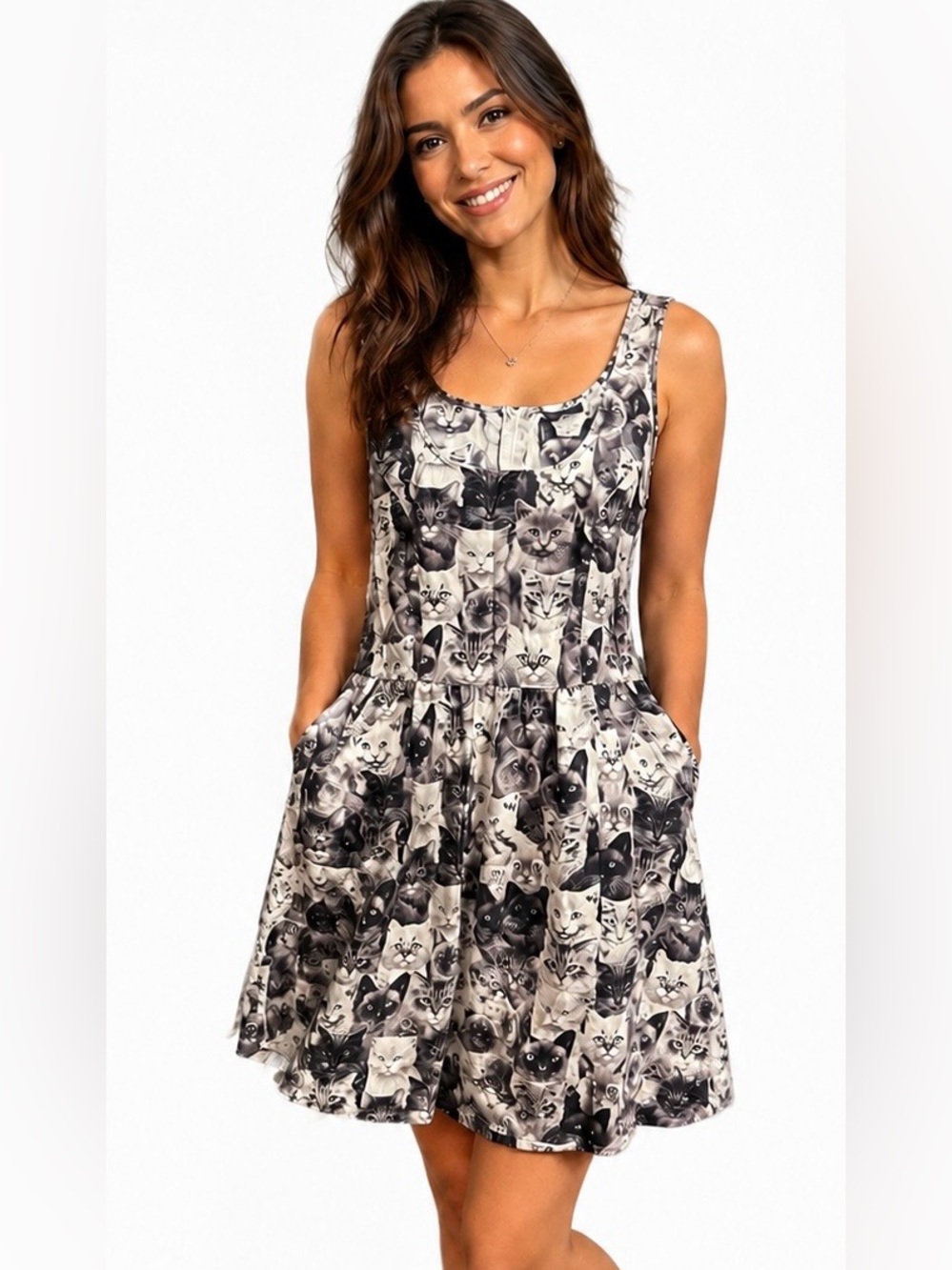 Retrolicious Cat Print Fit & Flare Dress Medium USA Made Whimsical Pockets‎